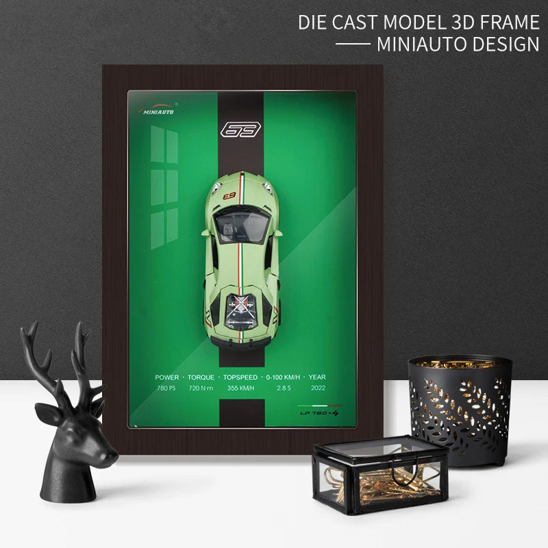 1:32 Sports Car Model 3D Photo Frame Alloy Metal Diecast Auto Simulation Racing Gift Decoration Pull Back Home Wall Ornament Boy
